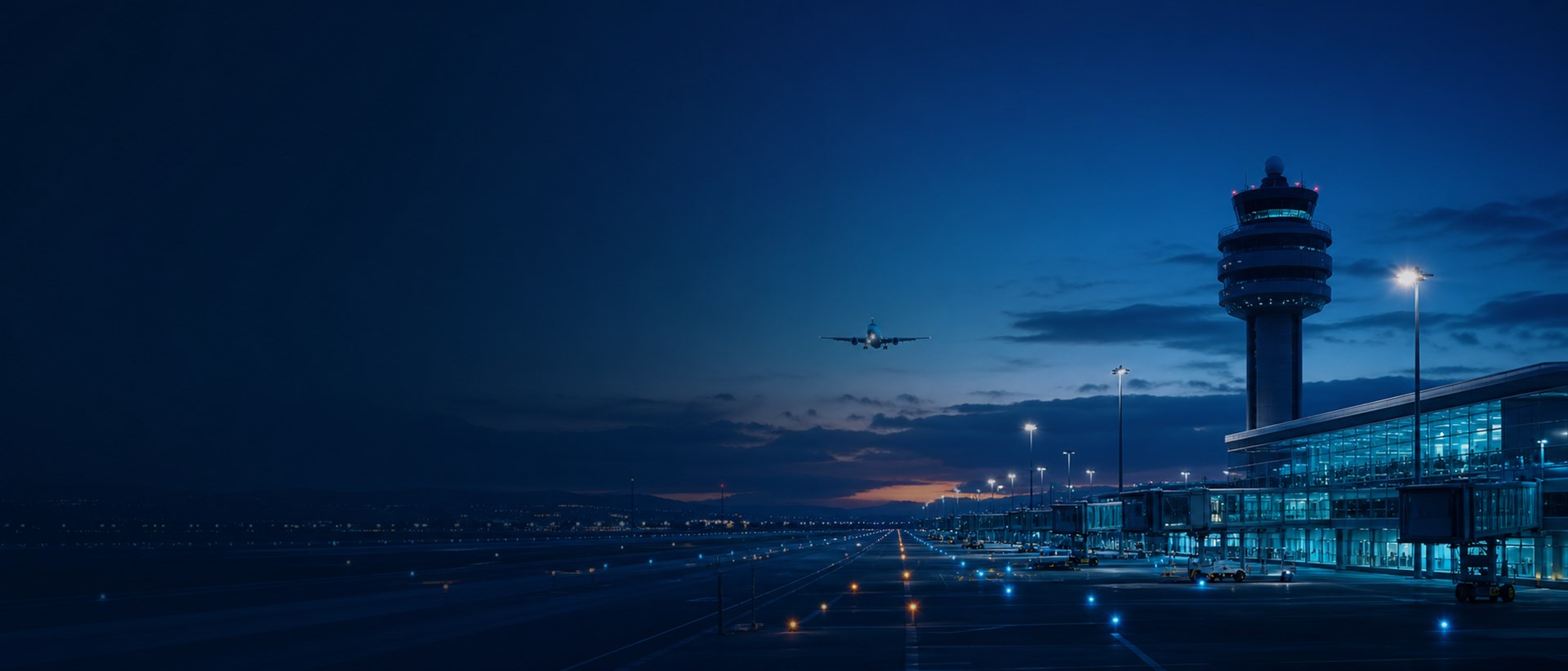 푸른 저녁의 국제공항 활주로와 관제탑